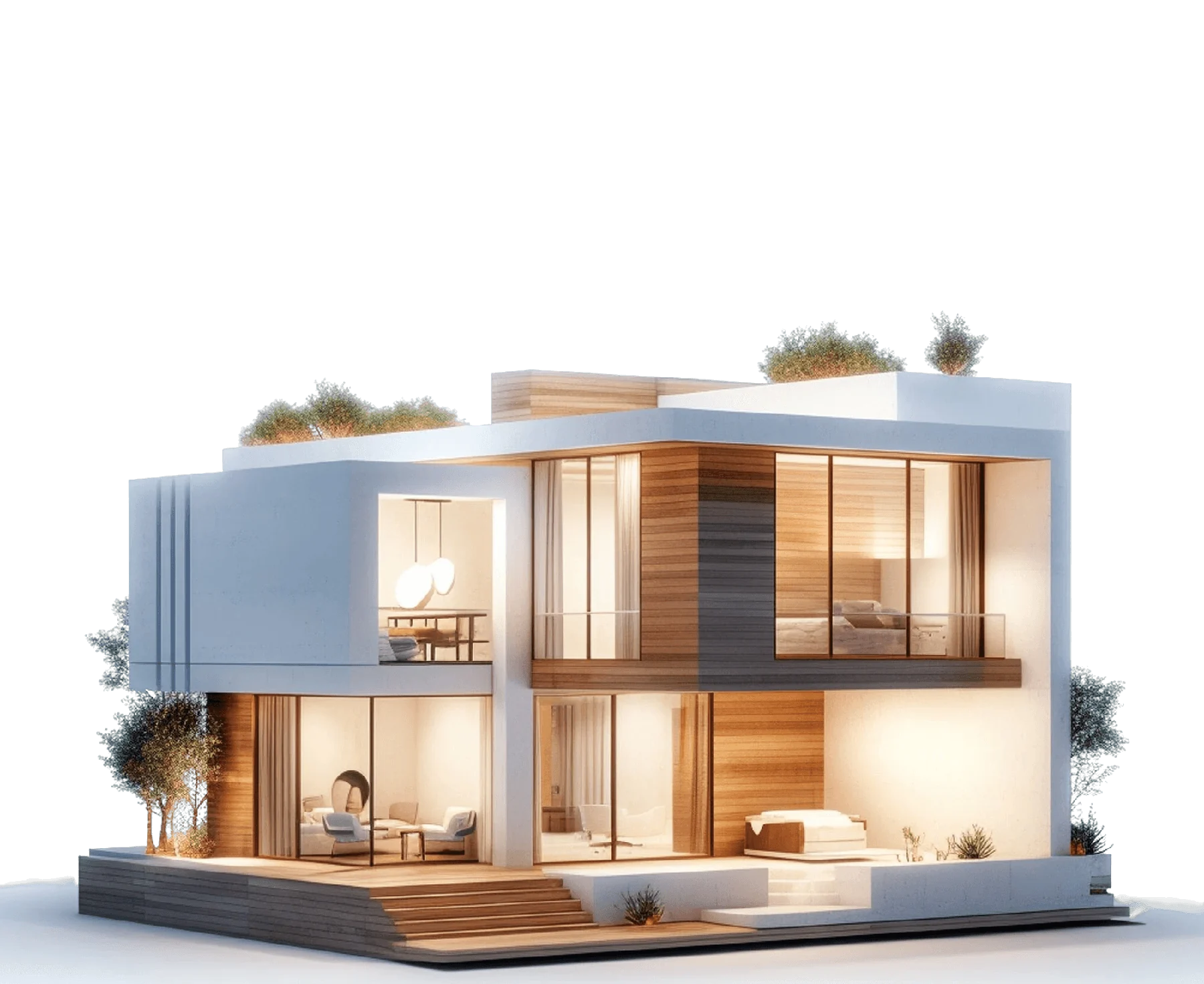 Architectural rendering of a contemporary dark house with terraces.