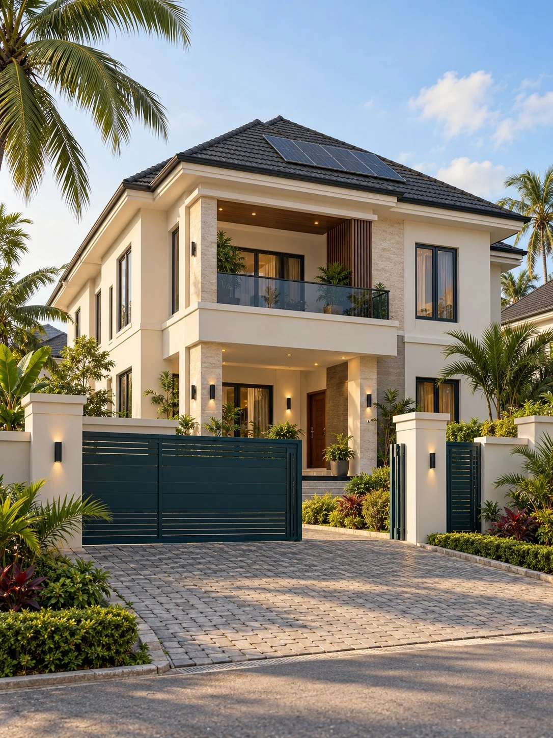Illustrative Nigerian family duplex with a perimeter gate and tropical landscaping.