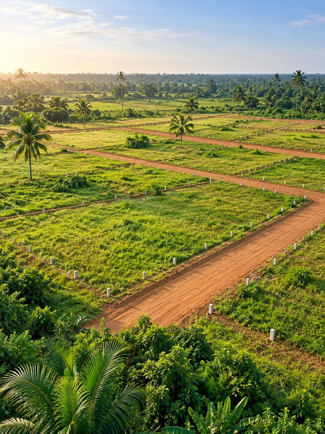 Illustrative Nigerian land plots with tropical palms and a laterite access lane.