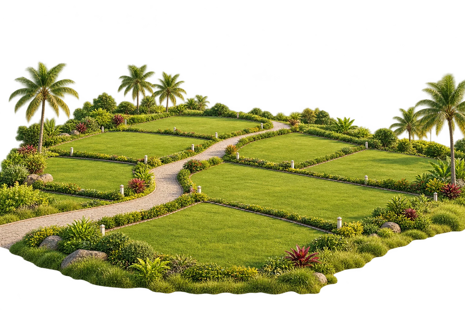 Illustrative landscaped estate plots with lush grass, tropical palms, and a winding access path.